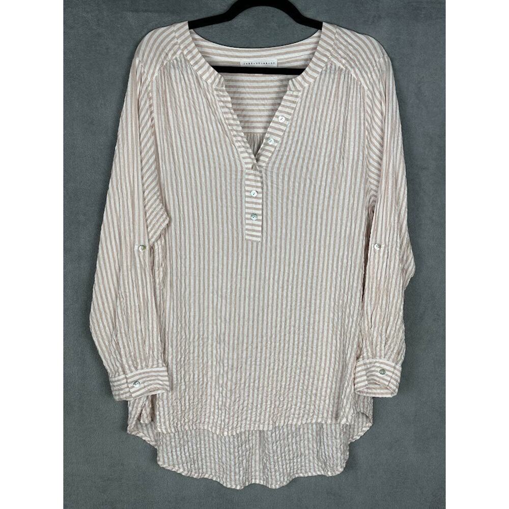 Jane Delancey Top Womens 1X Tan Striped Short Sleeve Lightweight Resort Coastal